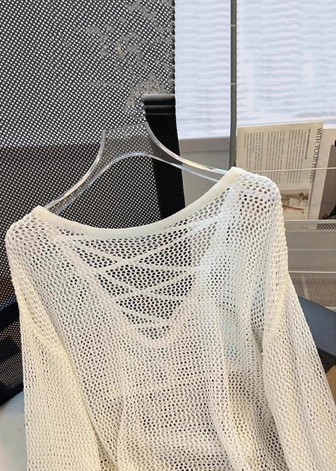 Tops Beige Solid Summer Women Knit Out Hollow