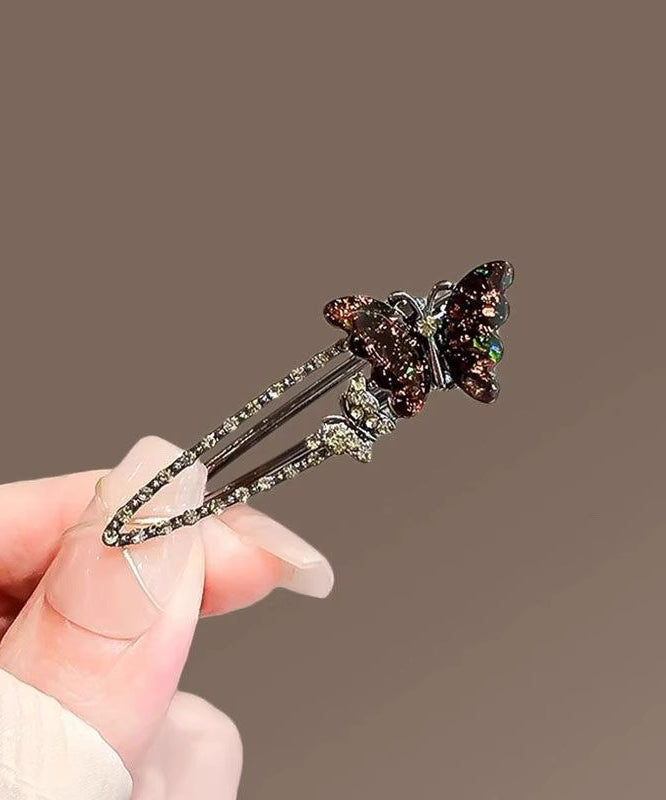 Women Zircon Butterfly Alloy Coloured Hairpin Black Glaze
