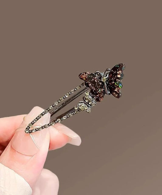 Women Zircon Butterfly Alloy Coloured Hairpin Black Glaze