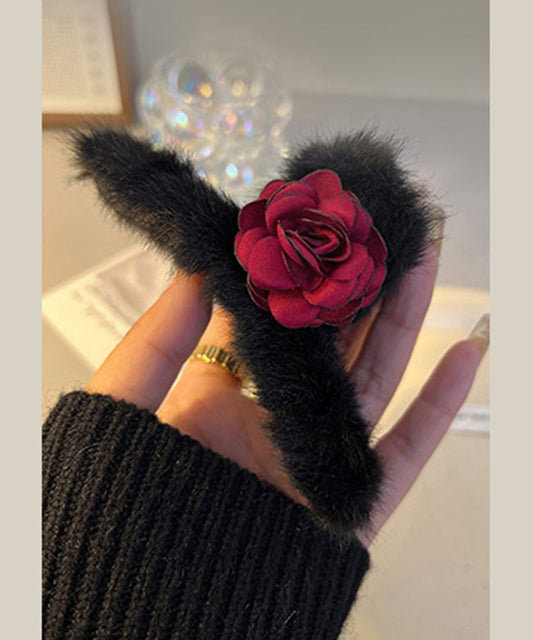 Women Black Fluffy Rose Shark Clamp Hairpin WP011