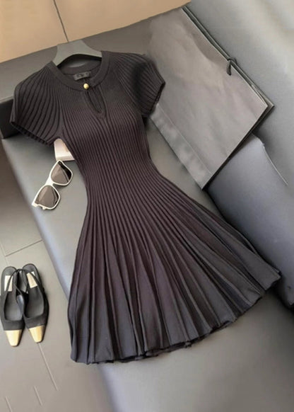 Women Wrinkled Solid Dress Neck Summer Knit Mid O Black