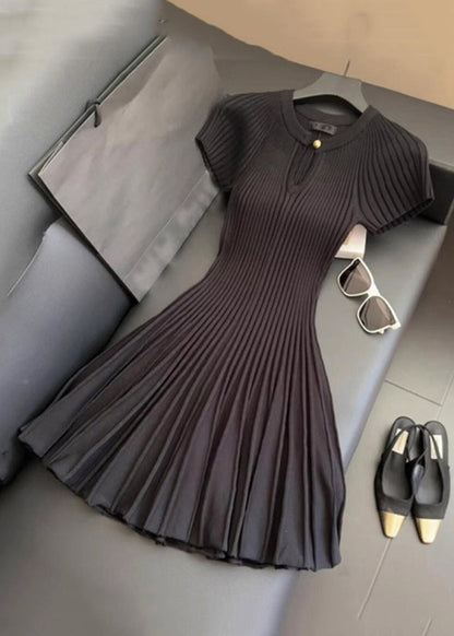 Women Wrinkled Solid Dress Neck Summer Knit Mid O Black
