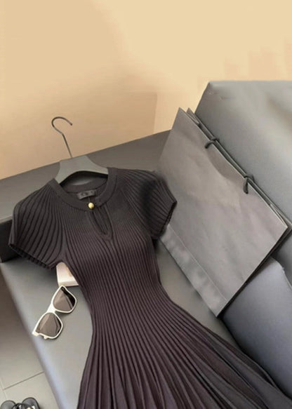 Women Wrinkled Solid Dress Neck Summer Knit Mid O Black