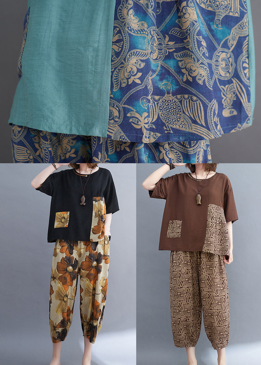 Cotton Black Summer Set Two-Piece Patchwork Women Oversized