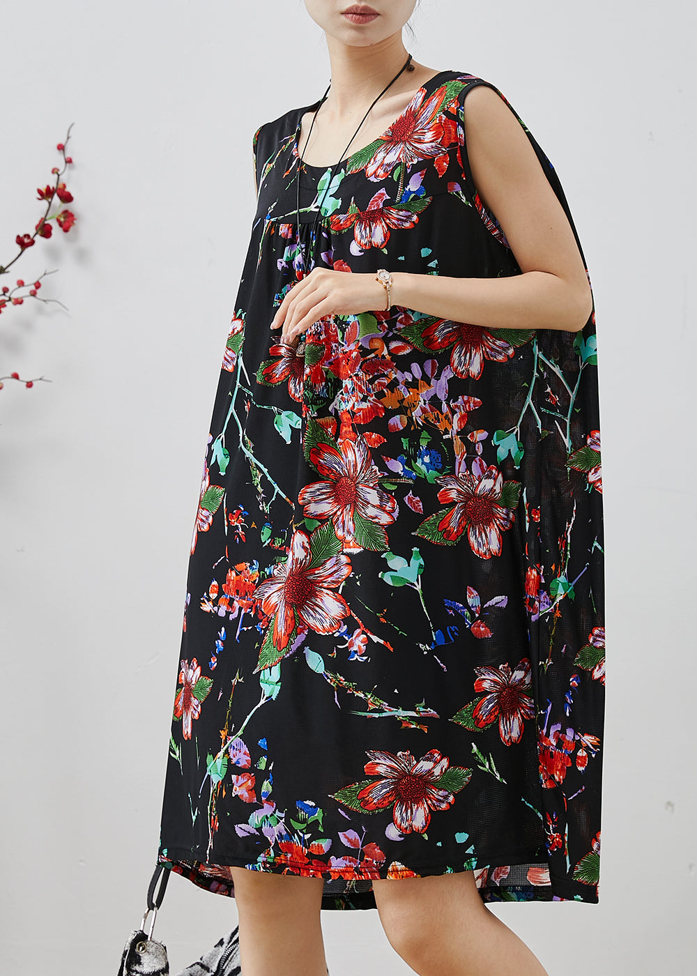 Women Black Oversized Print Cotton Mid Dress Summer AP1078