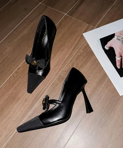 Sequined Black Women High Splicing Bow Heels Sheepskin