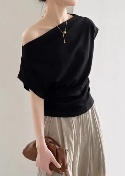Summer Neck T Women Black Cotton Solid Shirt Slash