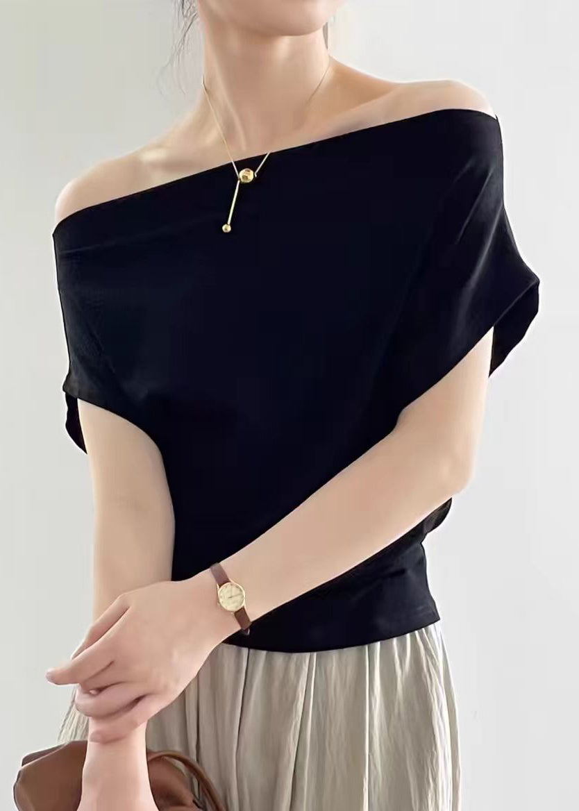 Summer Neck T Women Black Cotton Solid Shirt Slash