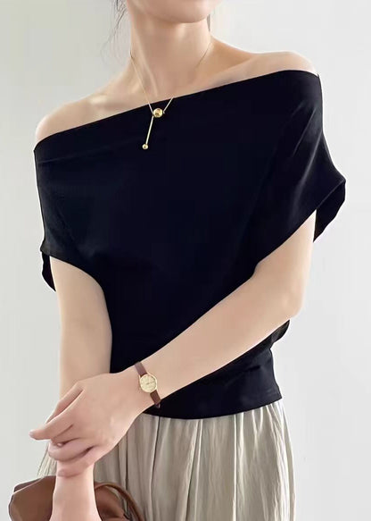 Summer Neck T Women Black Cotton Solid Shirt Slash