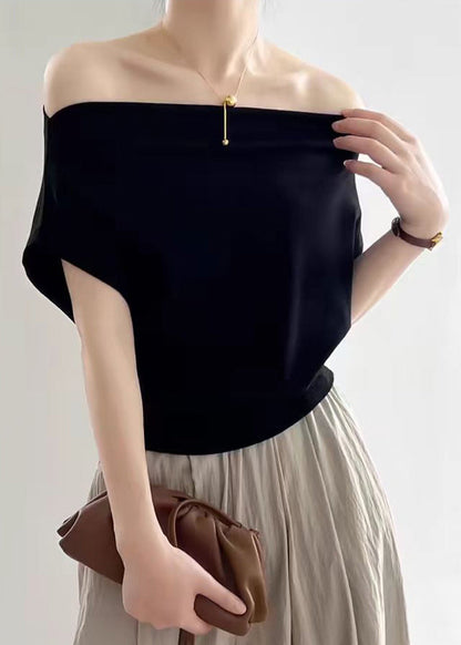 Summer Neck T Women Black Cotton Solid Shirt Slash