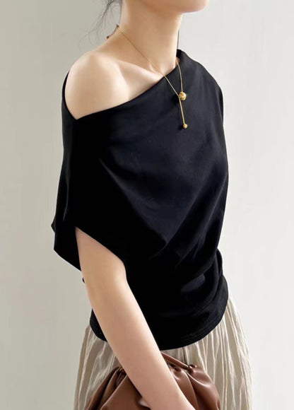 Summer Neck T Women Black Cotton Solid Shirt Slash