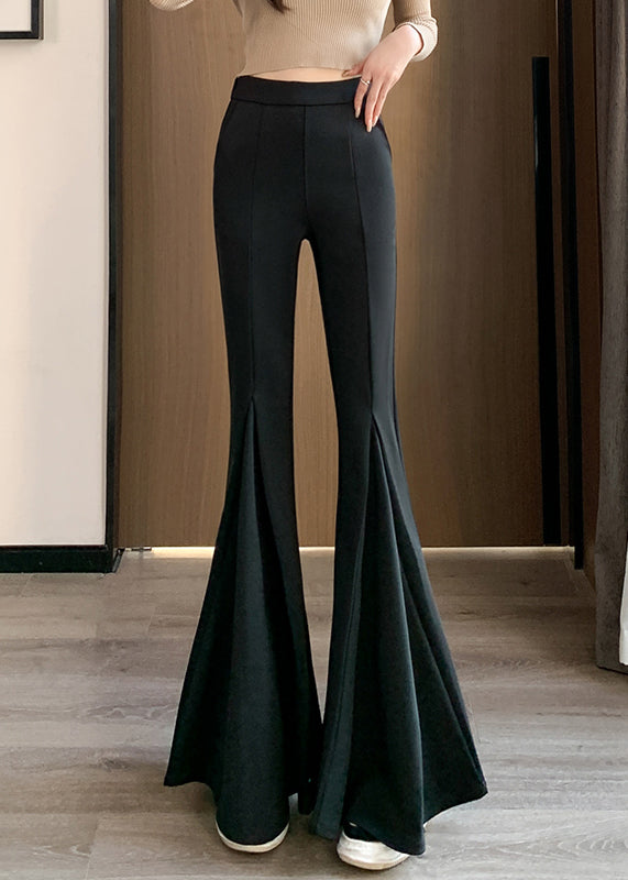 Women Black Solid Elastic Waist Spandex Flared Trousers Spring YJ007