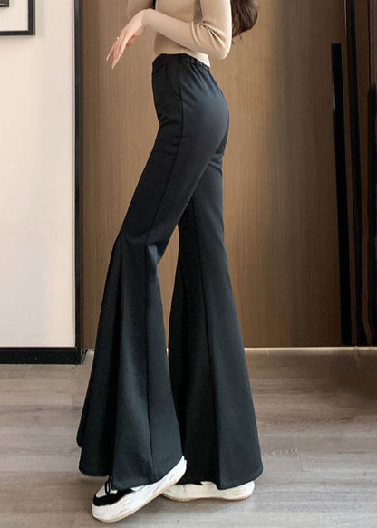Women Black Solid Elastic Waist Spandex Flared Trousers Spring YJ007