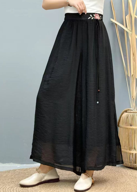 Embroidered Tasseled Wide Black Summer Linen Pants Leg Women