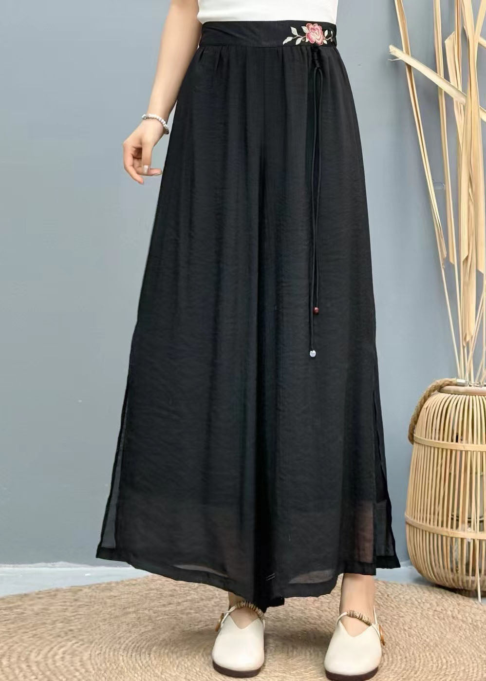 Embroidered Tasseled Wide Black Summer Linen Pants Leg Women