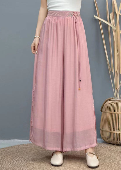 Embroidered Tasseled Wide Black Summer Linen Pants Leg Women