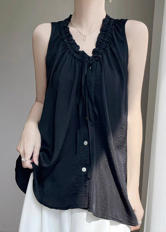 Button Summer Cotton Ruffled Black Neck Women V Blouse