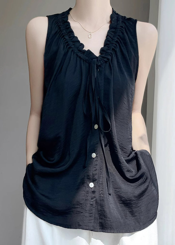 Button Summer Cotton Ruffled Black Neck Women V Blouse