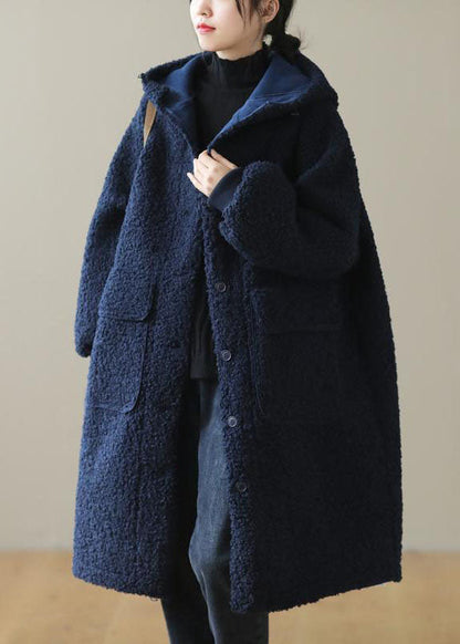 Women Blue Hooded Button Faux Fur Winter Coat QD009