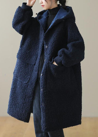 Women Blue Hooded Button Faux Fur Winter Coat QD009