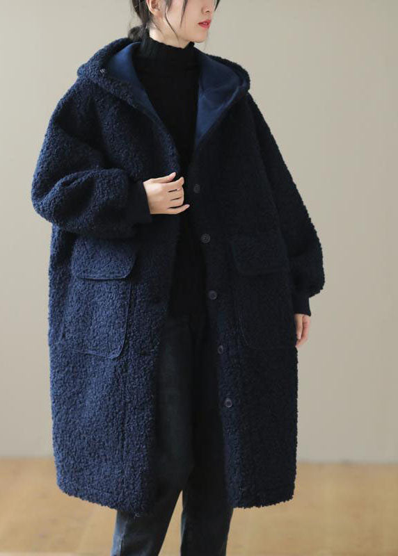 Women Blue Hooded Button Faux Fur Winter Coat QD009