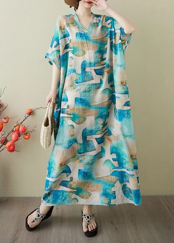 Print Summer Dress Blue Oversized Party Women Cotton