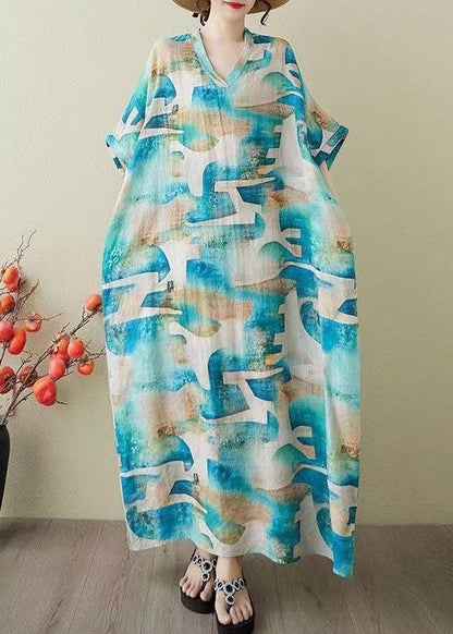 Print Summer Dress Blue Oversized Party Women Cotton