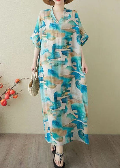 Print Summer Dress Blue Oversized Party Women Cotton