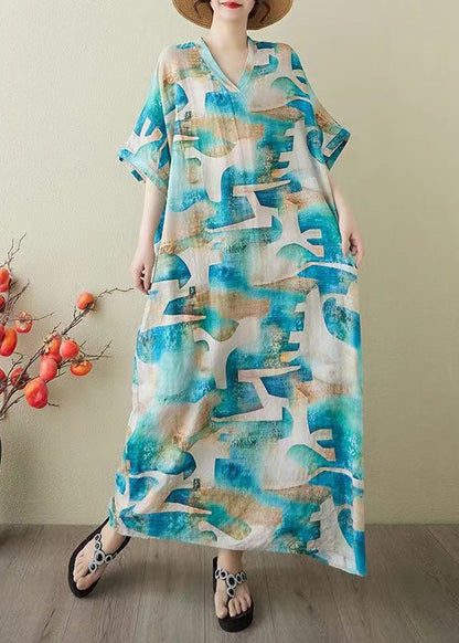 Print Summer Dress Blue Oversized Party Women Cotton