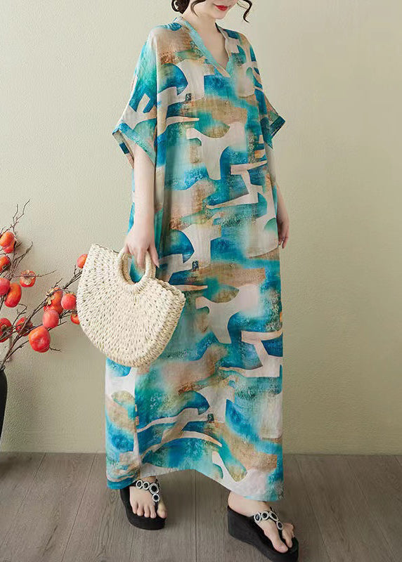 Print Summer Dress Blue Oversized Party Women Cotton