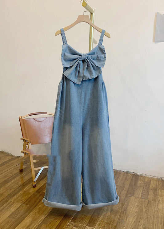 Women Patchwork Bow Denim Summer Blue Jumpsuits