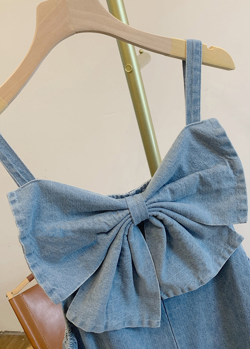 Women Patchwork Bow Denim Summer Blue Jumpsuits