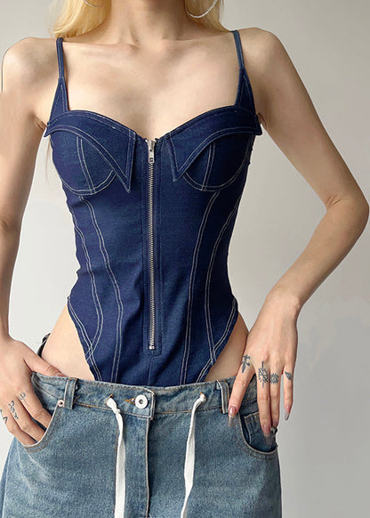 Blue Denim Cami Zippered Bodysuit Women Patchwork