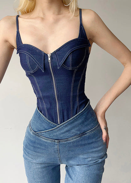 Blue Denim Cami Zippered Bodysuit Women Patchwork