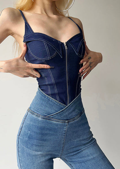 Blue Denim Cami Zippered Bodysuit Women Patchwork