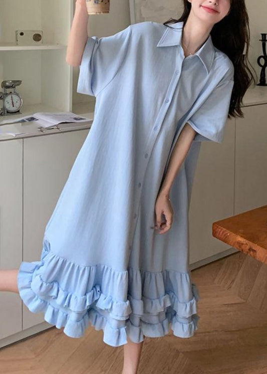 Pan Collar Blue Short Women Ruffled Peter Maxi Dress Patchwork