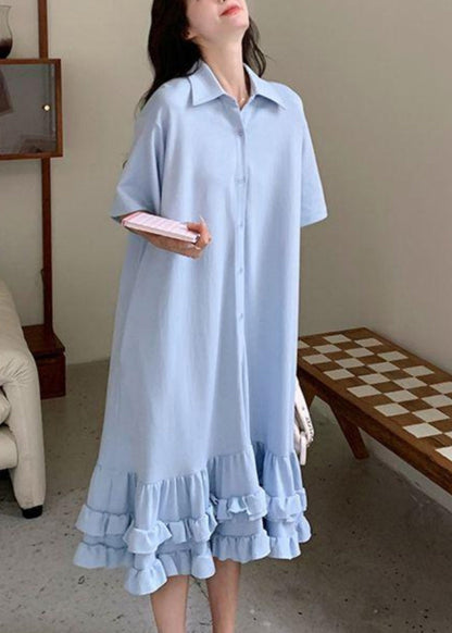 Pan Collar Blue Short Women Ruffled Peter Maxi Dress Patchwork