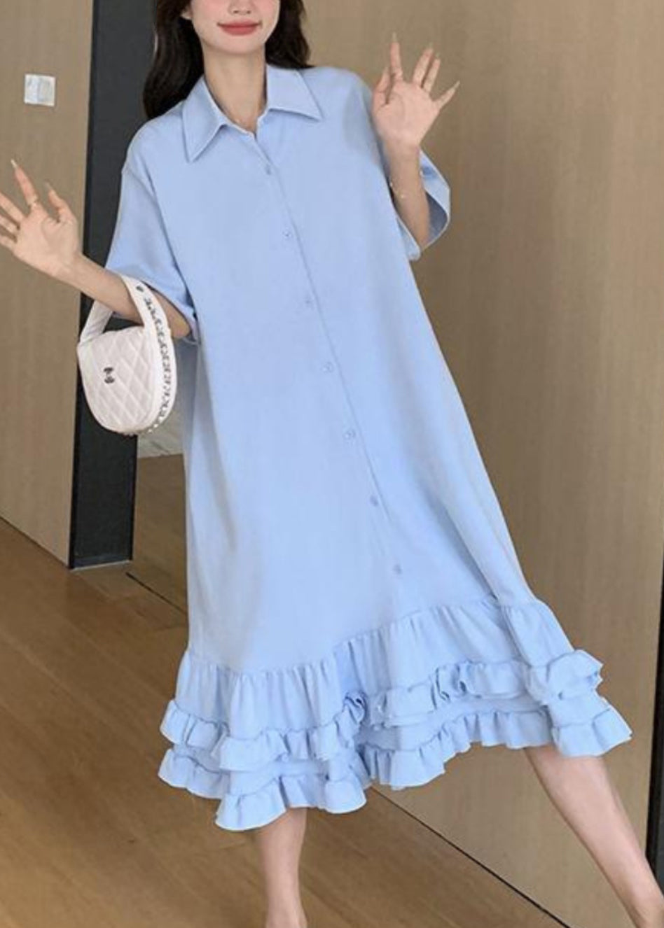 Pan Collar Blue Short Women Ruffled Peter Maxi Dress Patchwork