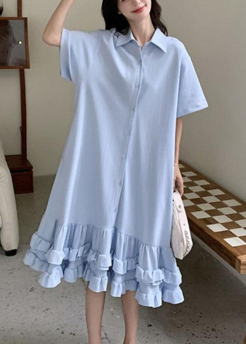 Pan Collar Blue Short Women Ruffled Peter Maxi Dress Patchwork