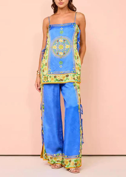 And Two Wide Tasseel Print Pants Women Top Leg Blue Patchwork