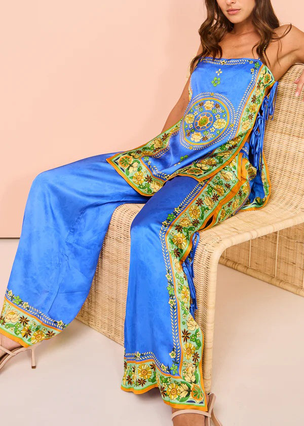 And Two Wide Tasseel Print Pants Women Top Leg Blue Patchwork