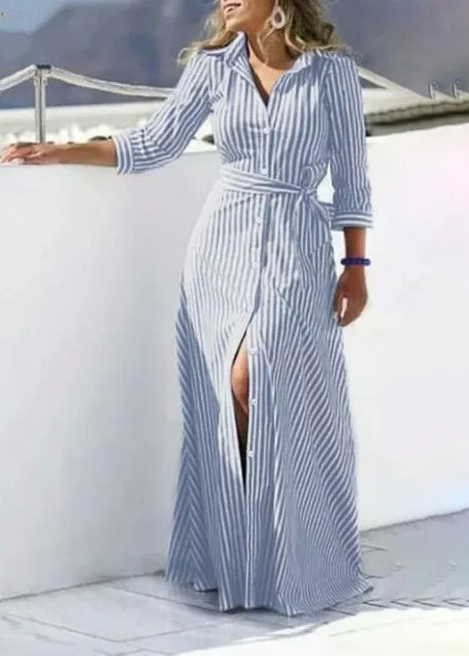 Blue Women Dress Shirt Summer Waist Striped Cotton Tie