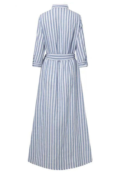Blue Women Dress Shirt Summer Waist Striped Cotton Tie