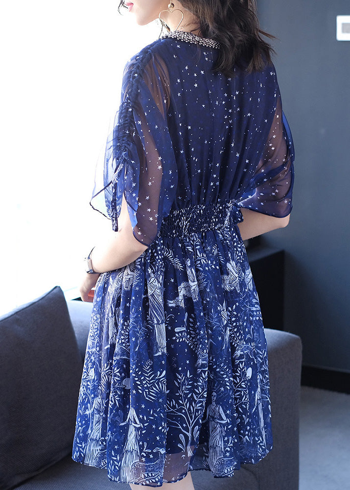 Nail Sleeve Bead Batwing Dresses Chiffon V Print Women Neck Blue