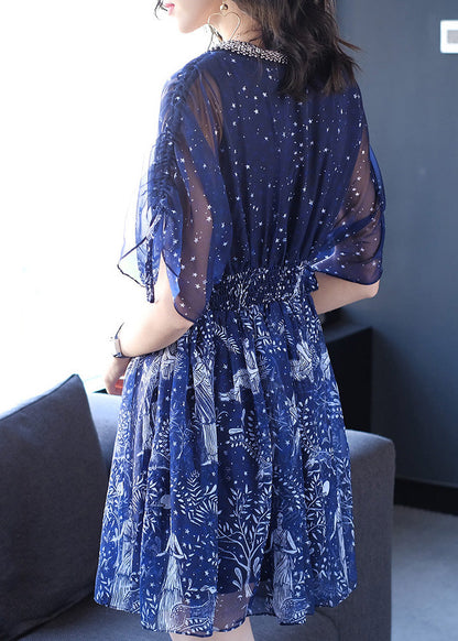 Nail Sleeve Bead Batwing Dresses Chiffon V Print Women Neck Blue