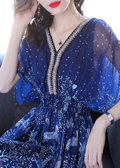 Nail Sleeve Bead Batwing Dresses Chiffon V Print Women Neck Blue