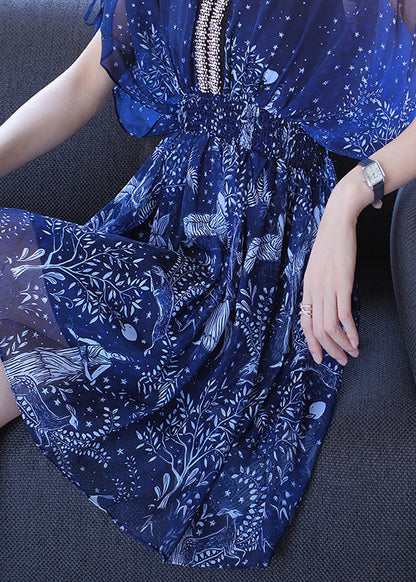 Nail Sleeve Bead Batwing Dresses Chiffon V Print Women Neck Blue