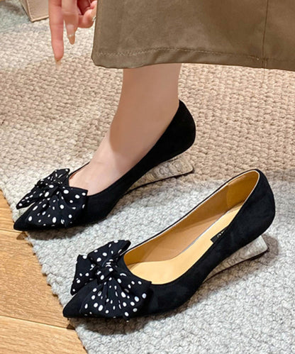 Splicing Wedge Toe Black Pointed Bow Suede Shoes Women