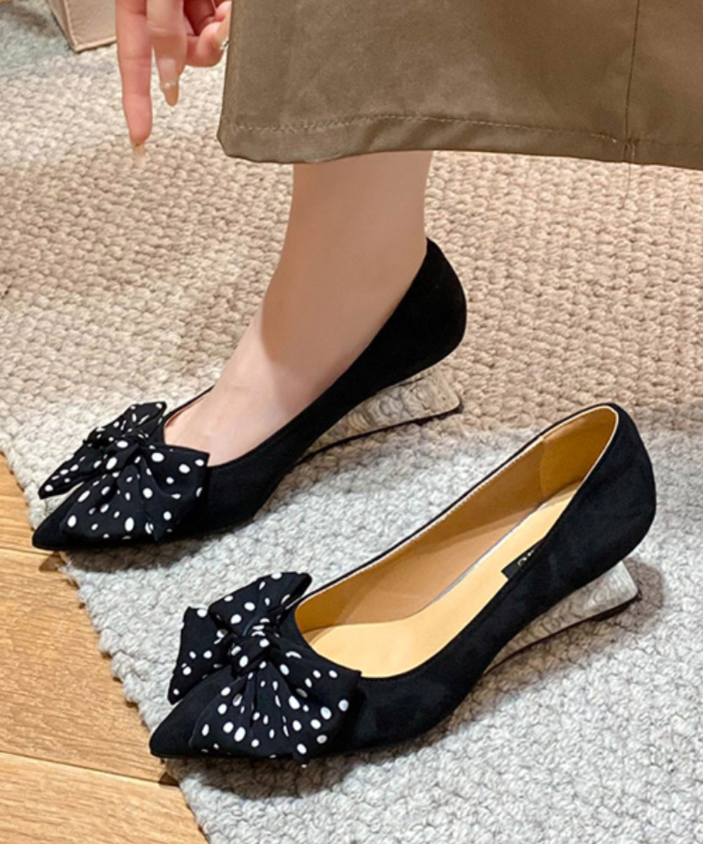 Suede Bow Black Toe Wedge Pointed Women Shoes Splicing
