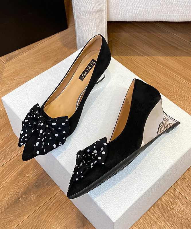 Splicing Wedge Toe Black Pointed Bow Suede Shoes Women